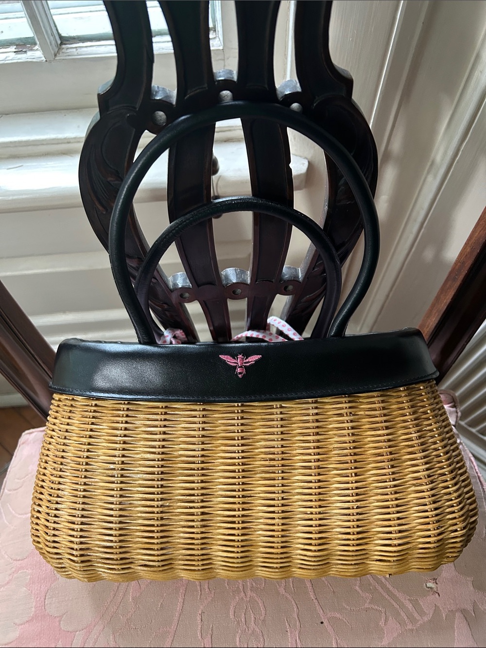 Jane Fox Woven Straw Tote with Black Trim and Pink Bee Accent